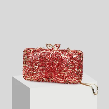 

Fashion Red Wedding Bag Luxury Crystal Rhinestone Diamanted Bride Handbag Female Evening Clutch Purse for Bridesmaid Party Club
