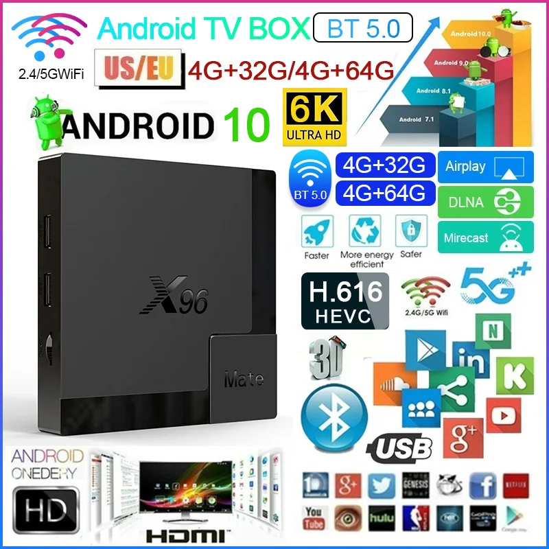 X96 Mate Смарт ТВ приставка Android 10 Allwinner H616 4 Гб + 64 2 г & 5G Wi Fi Bluetooth 6K HD Google медиаплеер TV