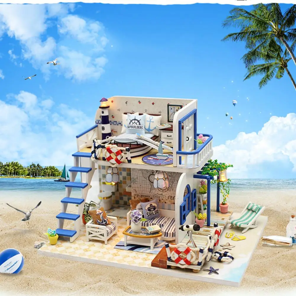 DIY Кукольный дом светильник Blue Coast House Модель 3D Деревянный миниатюрный кукольный домик для детей подарки на день рождения без пылезащитной крышки