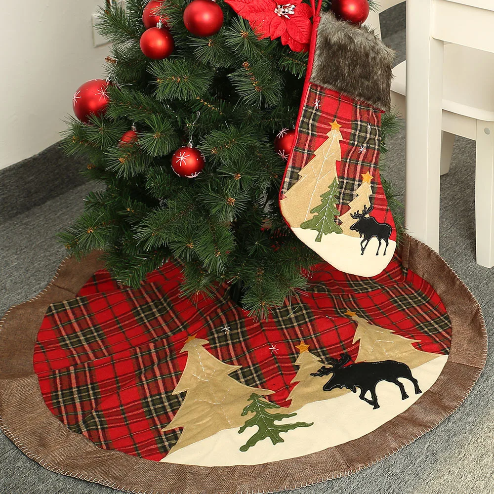 

105cm New Year Christmas Tree Skirts High Quality Red PlaidWith Christmas tree and moose pattern Christmas Decorations for Home