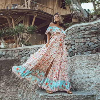 

Autumn Strapless Chiffon Dress Elegant Spaghetti Strap Bohemian Gown Ladies Large Pink Evening Party Night Floral Dresses Women