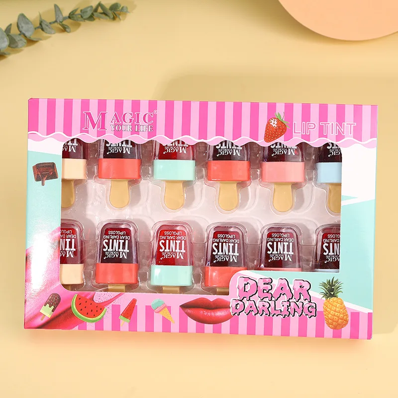 

12PCS/set Free Shipping Cute Ice Cream Design Lip Stain Lip Water Tint Moisturizing Liquid Lipstick Lip Oil Pigment Gel Makeup