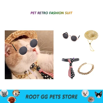

Pet Cats And Dogs Fashion Accessories Sunglasses Retro Straw Hat Suits Dogs Gold-Plated Necklaces Bells Collars Pet Dog Supplies