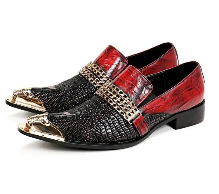 

Men Dress Shoes For Business Party gold Pointed Toe slip-on Man Brand Leather Shoes Formal Oxfords Black red patchwork