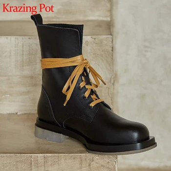 

Krazing Pot European cow leather lace up jelly med heels winter mixed color casual beauty runway motorcycle mid-calf boots L23