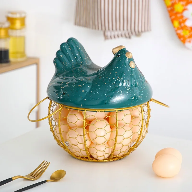 Metal Wire Basket with Ceramic Hens Cover Fruit Basket Egg Holder ...