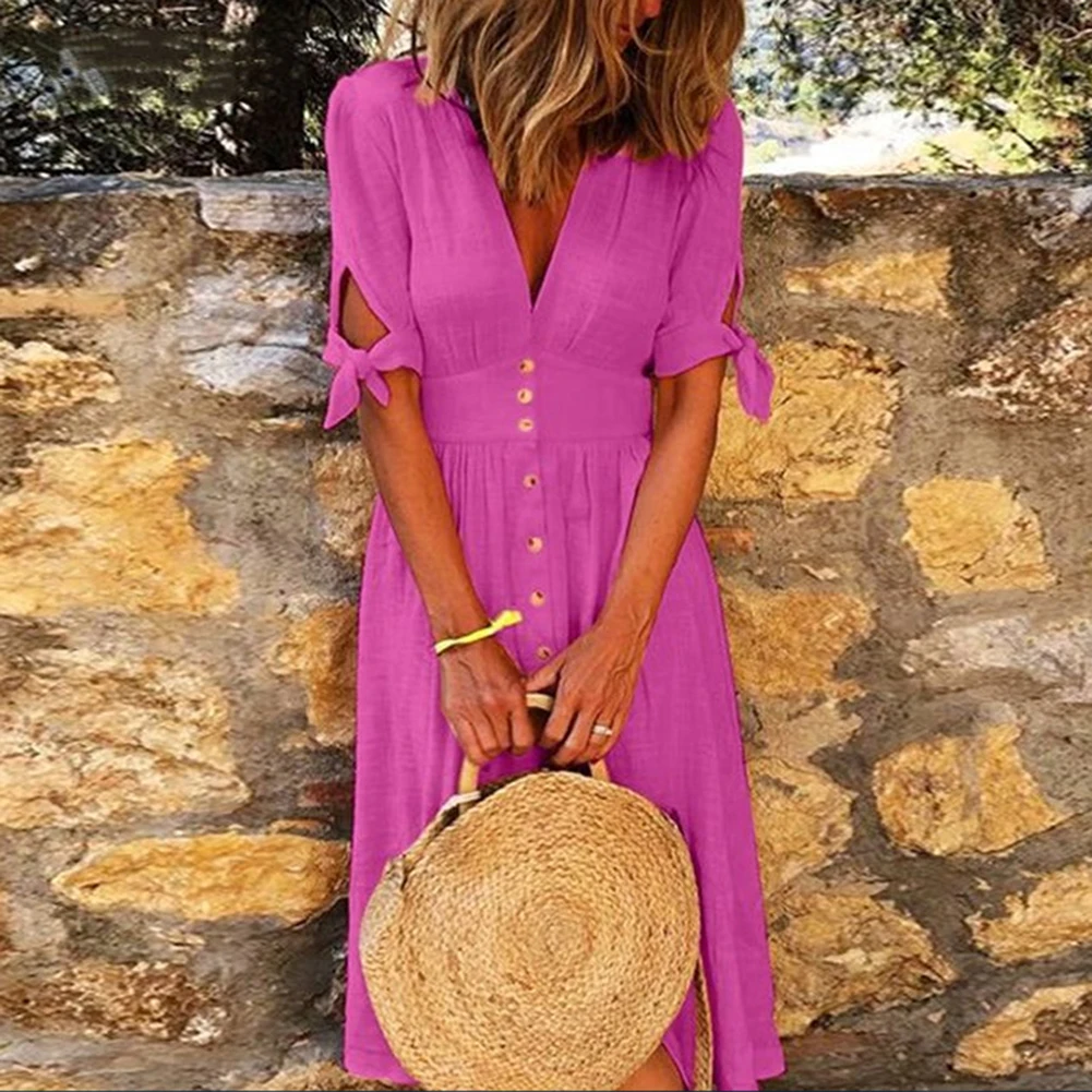 cover up beachwear 2021 New Summer M-4XL Woman Vintage Deep V Neck Dress Elegant Solid Color Tied Half Sleeve Button Long Dresses Beach Street Work bathing suit dress cover ups