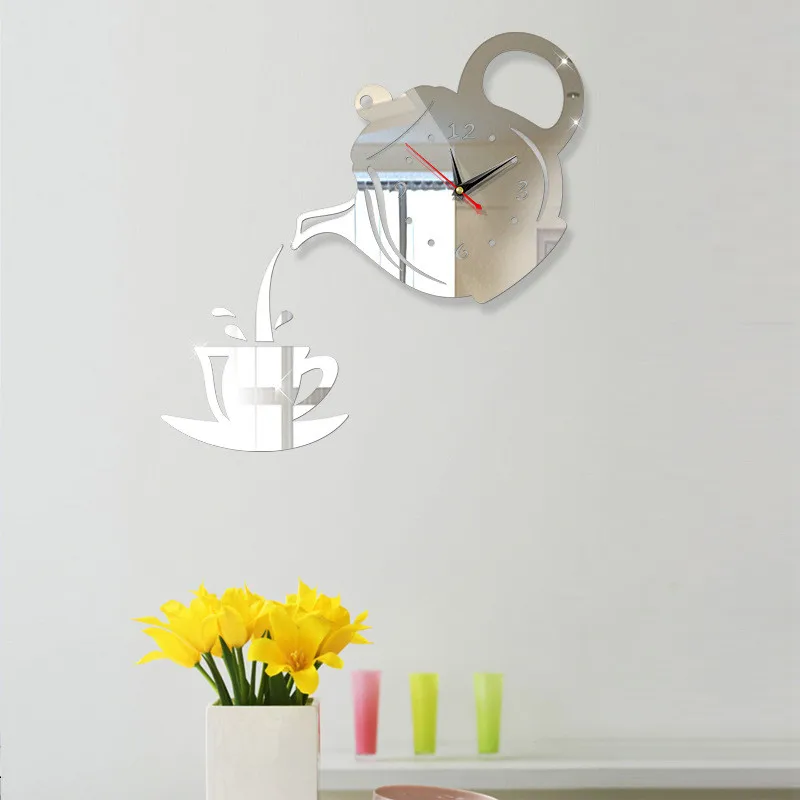 3D DIY чайник настенные часы в форме Акриловые зеркальные часы Современный декор для кухни Настенные стикеры полые цифровые часы - Цвет: 2479-silver