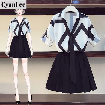 

plus size women Summer two piece set office ladies loose blouse top and pleated skirt set for women clothes elegant outfits 2020