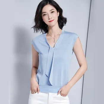 

2020 WOMEN spring and summer new Korean version of the pullover Tencel tie ribbon short-sleeved sweater women's shirt wholes