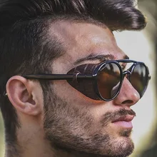 Новые Ретро Винтажные круглые панк стимпанк Солнцезащитные очки для мужчин кожаные боковые защитные мужские солнцезащитные очки UV400