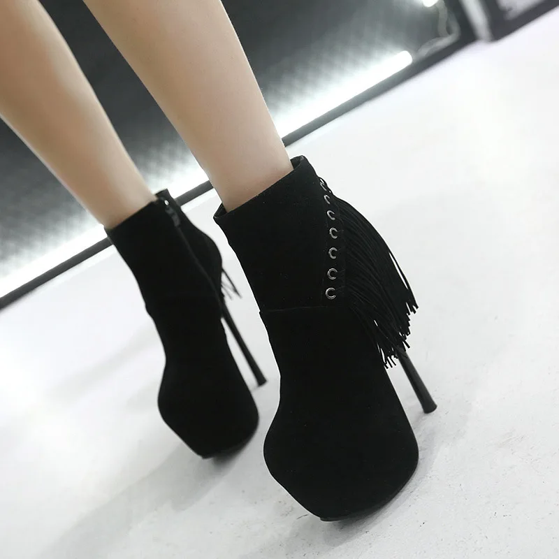 

Biker Boots 2018 Winter New Style Ultra-High-Heel Thin Heeled Waterproof Platform Tassels Side Zipper WOMEN'S Boots Large Size 4