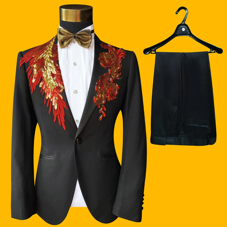 Горячая красная вышивка патч мужской смокинг костюм Traje Hombre Ternos Para фиолетовый