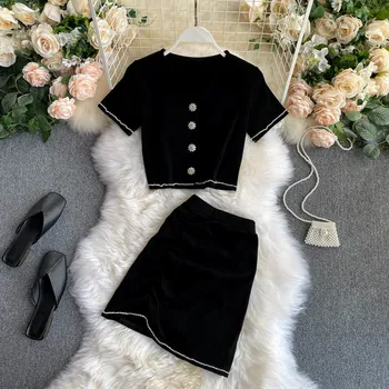 

Summer Women Two Piece Set Vintage 2020 Black V-neck Single Breasted Cardigan Short Tops + High Waist Skirt Ladies 2pcs Set Suit