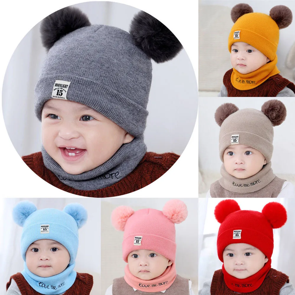Шапка для новорожденного ребенка, шапка с помпоном для маленьких мальчиков и девочек, зимняя теплая вязаная Шапочка, набор из шапки и шарфа, вязаная шерстяная шапка с помпоном для детей 0-12 месяцев, M800
