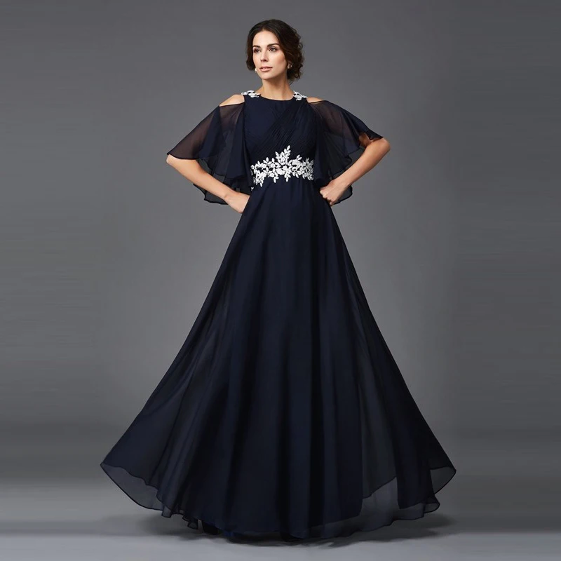 

Graceful A Line Dark Navy Chiffon Jewel Neck Mother of the Bride Dresses Half Sleeves Appliqued Wedding Party Gowns Back Out