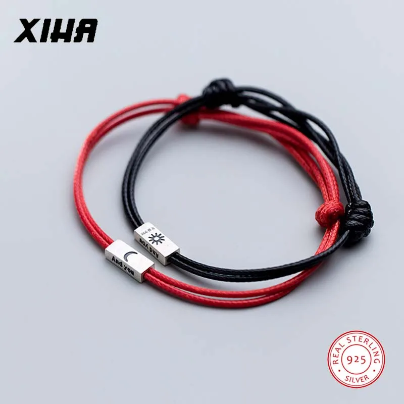 Счастливый Регулируемый красный/черный браслет с нитью квадратная Луна и солнце любовник пара 925 пробы Серебряная плетеная веревка браслеты