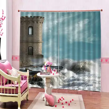 

Modern Seaside Rough Scenery building lighthouse Curtain Large Window For Living room Bedroom Sunshade Blackout Drapes Sets