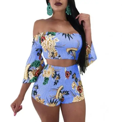 nike running shorts 2Pcs/Set Women Flower Print Pleated Off Shoulder Half Sleeve Crop Top Shorts bermuda shorts Shorts