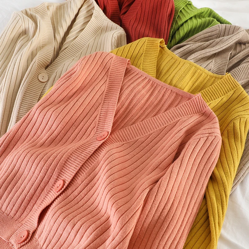 Short Cardigan Women V-Neck Knitted Sweater Coat Long Sleeve Tops Single Breasted with Three Buttons Casual Cardigans