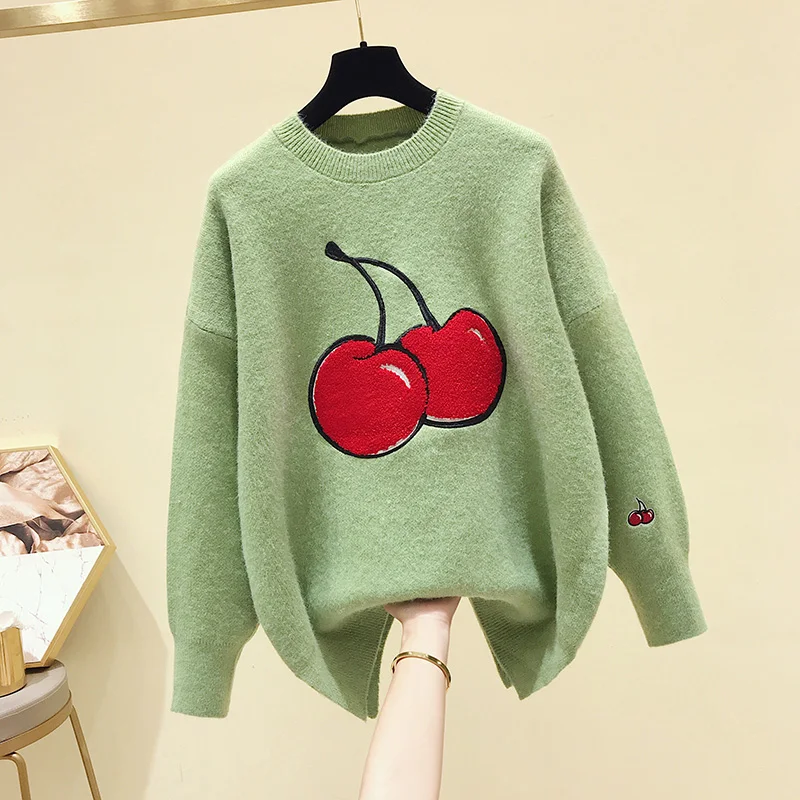 Neploe/женские свитера с вышивкой вишни; Осень-зима ; трикотажные топы; джемпер; пуловер; плотный теплый трикотаж; Pull Femme 55021 - Цвет: green