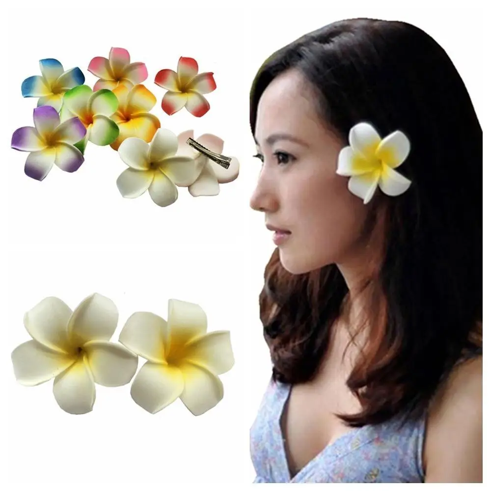 2 Pezzi Set Hawaiian Frangipani Plumeria Foam Head Flower Party Beach Hair Clips