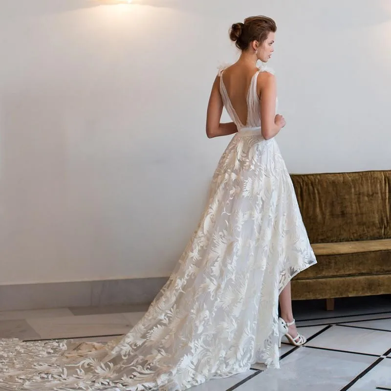 Vestido de novia белое, цвета слоновой кости кружево свадебное пдатье с вырезом на спине линия Новые Высокие Низкие Свадебные платья с v-образным вырезом невесты Летний сад
