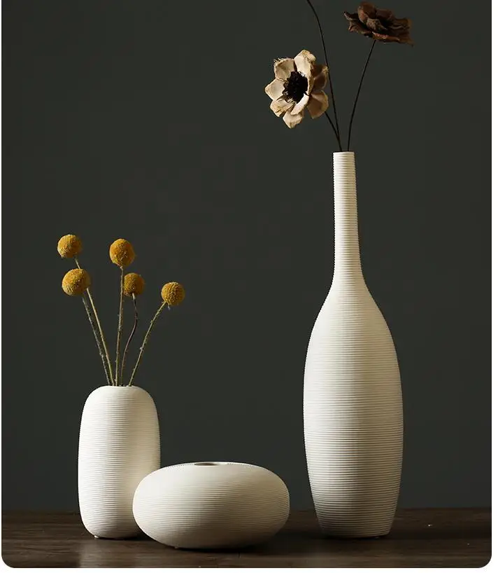 Nordic White Ceramic Vase Ornaments Flower Arrangement Dried Flower Home Livingroom Office Table Furnishings Decoration Crafts
