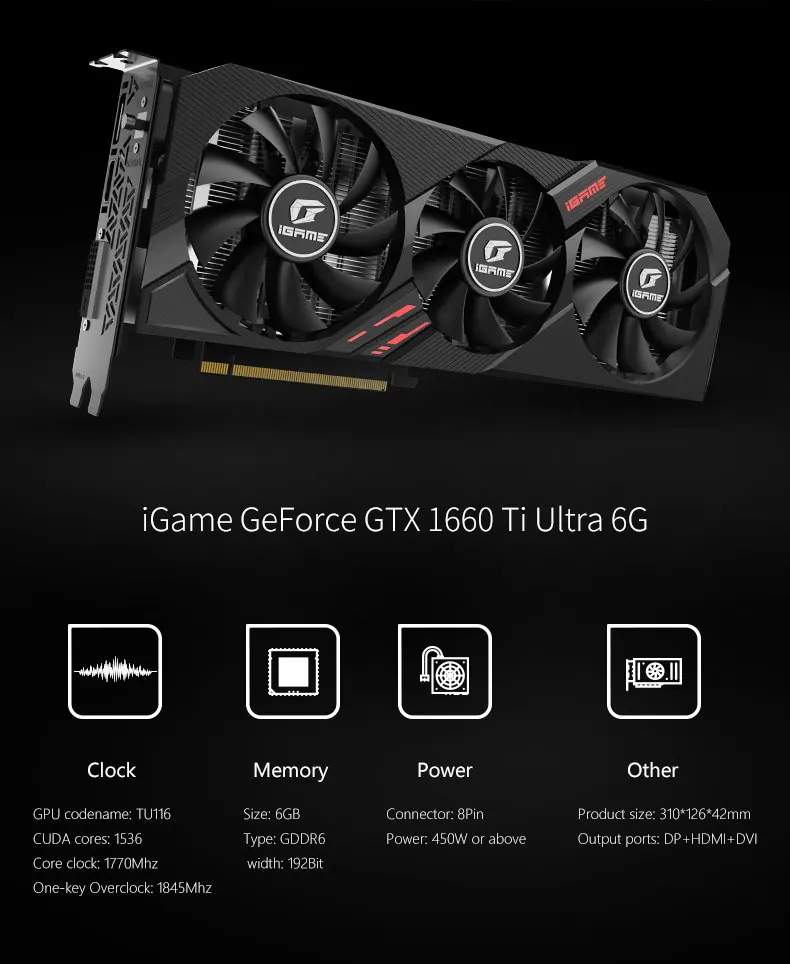 Красочные GeForce GTX 1660Ti Ultra GDDR6 6G игровая графическая карта Nvidia GPU GTX 1660 Ti видеокарта 192 бит PCI-E 3,0