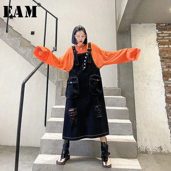 

[EAM] Women Black Denim Pocket Split Joint Strapless Dress New Sleeveless Loose Fit Fashion Tide Spring Autumn 2020 1T759