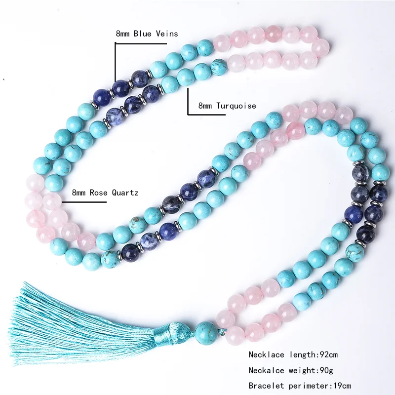 8Mm Blauw Turquoise Rose Quartz Blue Sodaliet Kralen Mala Ketting Meditatie Yoga Zegen Rozenkrans 108 Japamala Sieraden Sets