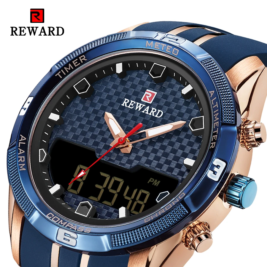 

REWARD Men Dual Display Watches Blue Silicone Band Rose Gold Alloy Case Big Dial Week Display Sports Watch Relogio Masculino