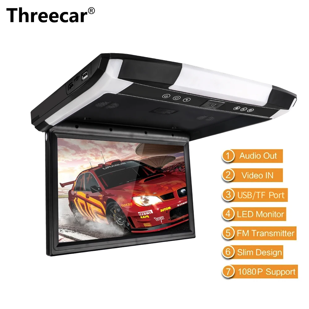 Threecar 1080P 12,1/10," автомобильный монитор откидной TFT lcd автомобильный монитор с креплением на крышу с MP5 плеером USB SD Автомобильный потолочный монитор