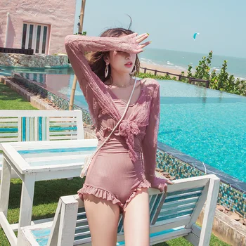 

Women's Beach Outings 2019 Woman Swimsuit One Piece Female Plus Size Women Swimsuits Onepiece Ins Fairy Fei Long Sleeve Pink