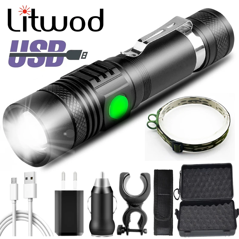 XP-L V6 XM-L2 U3 T6 USB Rechargeable Led lampe de poche en aluminium Zoom étanche torche 18650 batterie vélo lanterne vélo lumière 10W