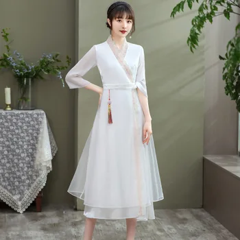 

2020 Women Summer White Chinese Style Slim Hanfu Evening Party Long Maxi Costume Fairy Dance Dresses