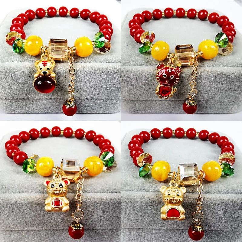Rose sisi 2022 New Year red tiger bracelets Chinese style Zodiac beads elastic bracelet for women jewelry | Украшения и