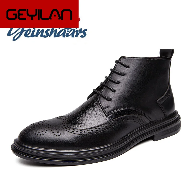 

New Men Casual Natural Leather Brogue Shoes Business Office Formal Boots Crocodile Pattern Cowboy Botas Zapatos De Hombre Cuero