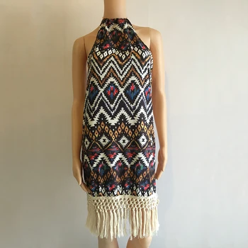 

2019 Spring and summer fashion explosion rhombus print halter sexy backless fringed dress dress vestidos vestido dress women*
