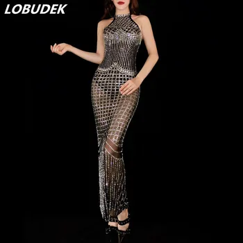 

Women Birthday Party Wedding Prom Black Rhinestones Long Dress Sexy Sleeveless See-through Mesh Halter Dress Singer Host Dress