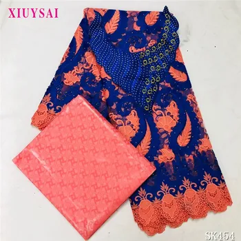 

New Fashion 2.5yards African Guipure Net Cord Lace Fabric Stones and 2.5yards Nigerian Bazin Riche Fabric Lace For Dress Sewing