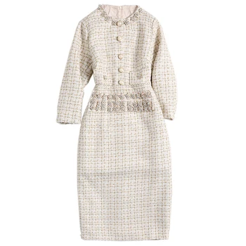 

Red RoosaRosee Designer Women Autumn Luxury Diamonds 3/4 Sleeve Sexy Split Tweed Dress Elegant Lady Party Vestidos Robe Femme