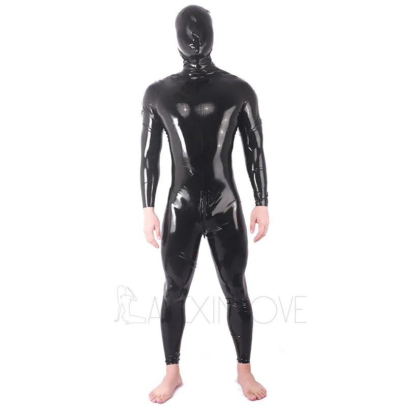Sexy Black Men's Latex Fetish Full Body Catsuits Rubber Bodysuits Hood