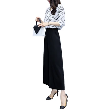 

Women Two Piece Set New Spring Summer V-neck Plaid Chiffon Shirt High Waist Wide Leg Trousers Suit Office Ladies Suit Female