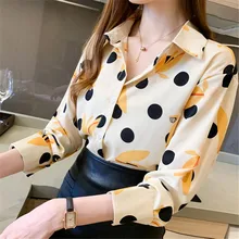 

New Women'S Blouse 2021 Long Vintage Sleeve Dots Printed Korean Casual Women Chiffon Shirts Female Tops Blusas Mujer Clothing