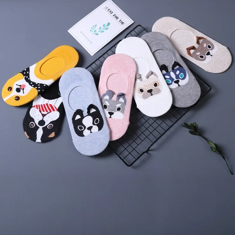 Милый велюровый Корейский детский школьный ранец с мультяшным хлопковые нескользящие носки с бесцветным антискользящим покрытием с милой собачкой женские лодочные Носки дышащие Повседневное модная обувь с открытым носком весенние, летние носки