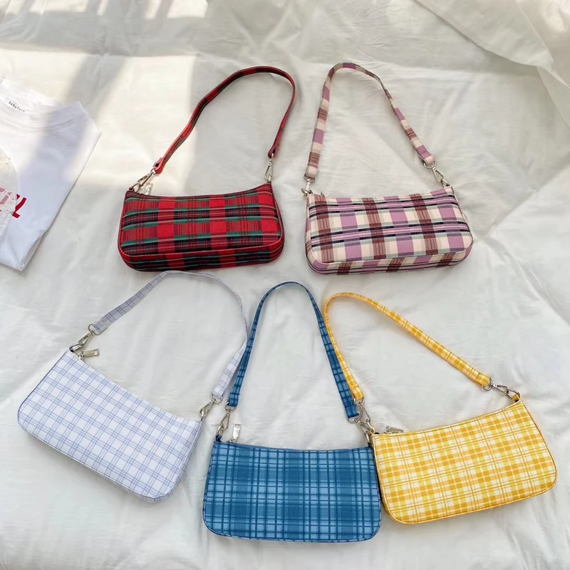 

2020 Summer New Women Check Baguette Bags Ladies Zipper Luxury Small Handbag Canvas Female Designer Plaid Crossbody Shoulder Bag