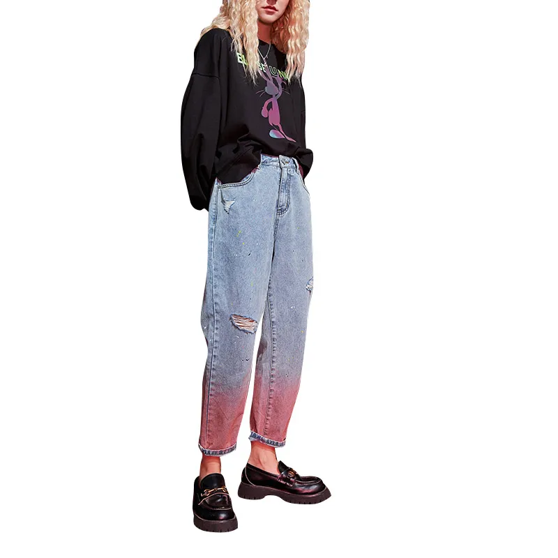 ELFSACK Pink Gradient High Waist Washed Casual Women Denim Jeans,2020 Autumn ELF Ripped Hole Korean Female Daily Basic Trousers