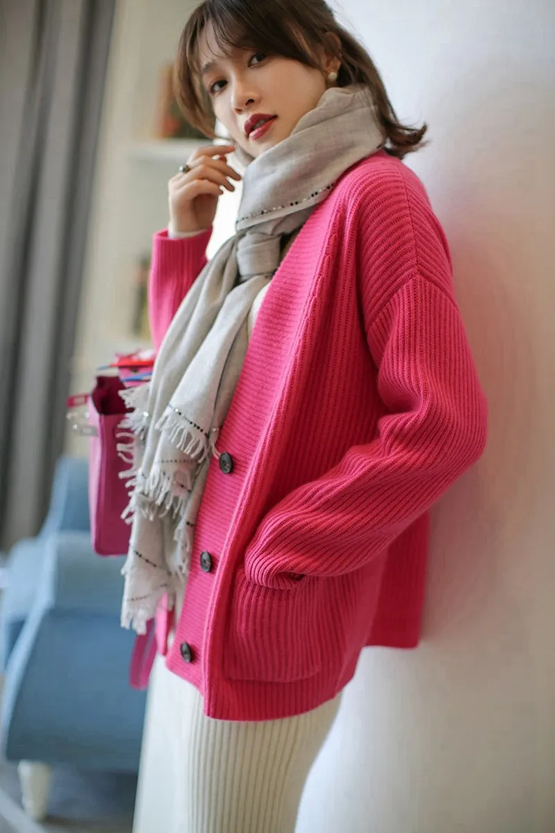 Lafarvie вязаный шерстяной кардиган свитер женские топы v-образный вырез длинный рукав с карманами однобортный толстый теплый свободный свитер женский