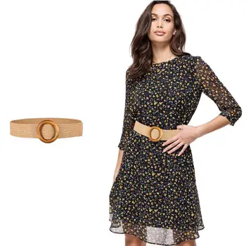 

Vintage Women Belt Round Wooden Buckle Braided Waist Strap Belt Adjustable Wristband cinturon mujer
